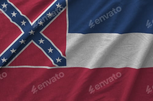 Preview: Mississippi new US state flag depicted on folded wavy fabric of old cloth