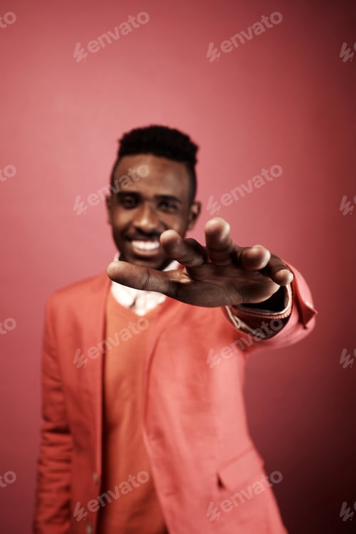 Preview: Art Portrait of Smiling Black Guy in Pink Suit Stretching out Hand