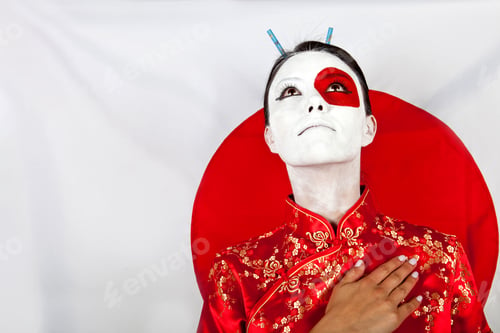 Preview: Japanese Woman In Asian Outfit With The Flag Behind