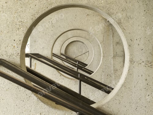 Preview: Series Of Circular Holes In Concrete Walls With Handrails At Entrance To Municipal Airport