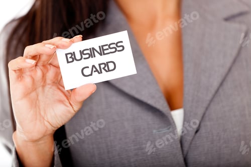 Preview: Woman Holding A Business Card To Add Contact Details