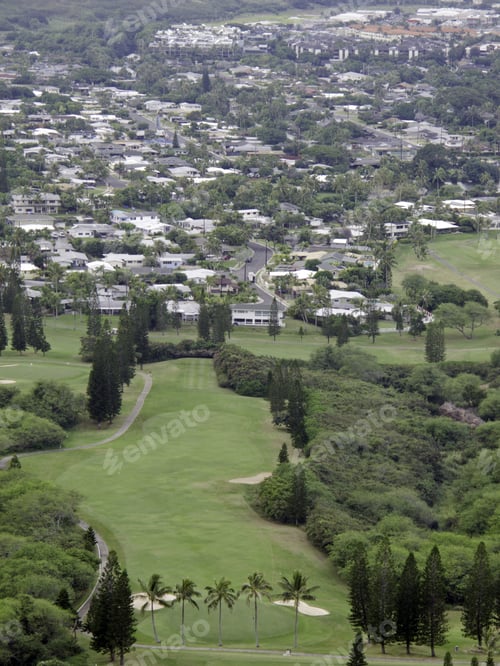 Preview: View From Mountain On Oahu: Fairway Of Golf Course And Town Of Kaneohe Beyond