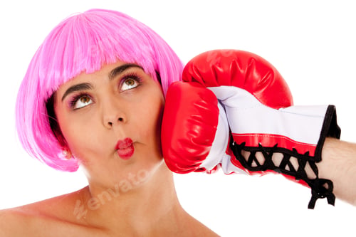 Preview: Feminine Girl With A Pink Wig Getting Boxing Punch Isolated