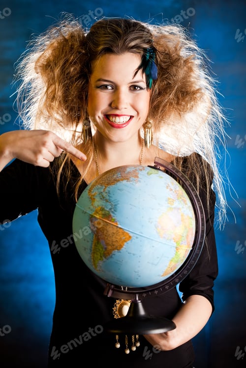 Preview: Crazy Woman With Messy Hairdo Pointing At The Globe