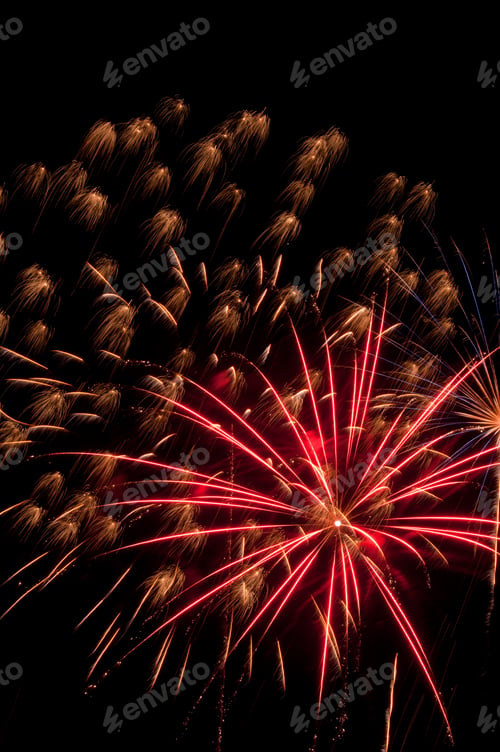 Preview: Spidery Burst Of Reddish-Orange Fireworks Amid Many Small Bursts Like Prairie Flowers