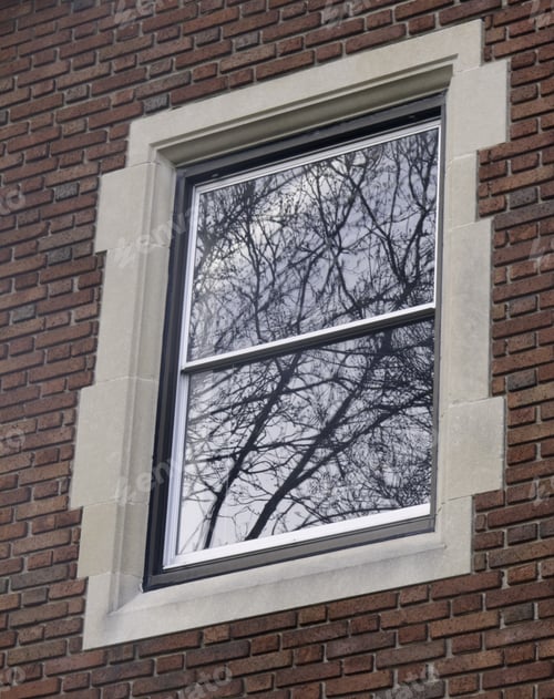 Preview: Reflection Of Trees In Two-Paned Window Of Old Brick Building In Springtime