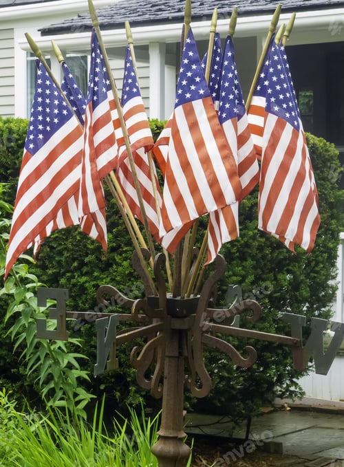 Preview: American Flags In An Ornamental Holder In Front Yard Of House, Summer In New England