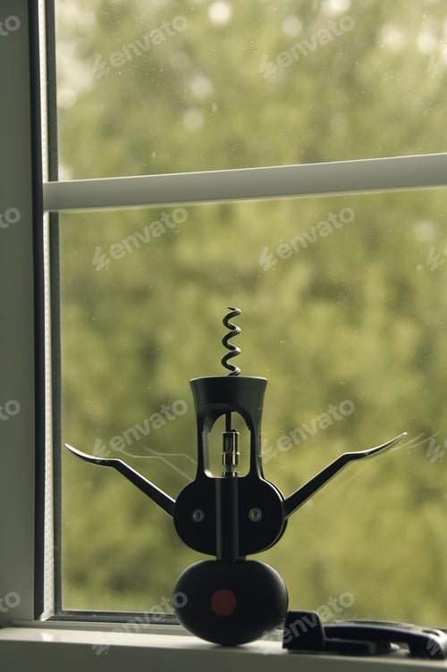 Preview: Corkscrew Upside Down On Window Sill Indoors, Wintry Weather Outdoors