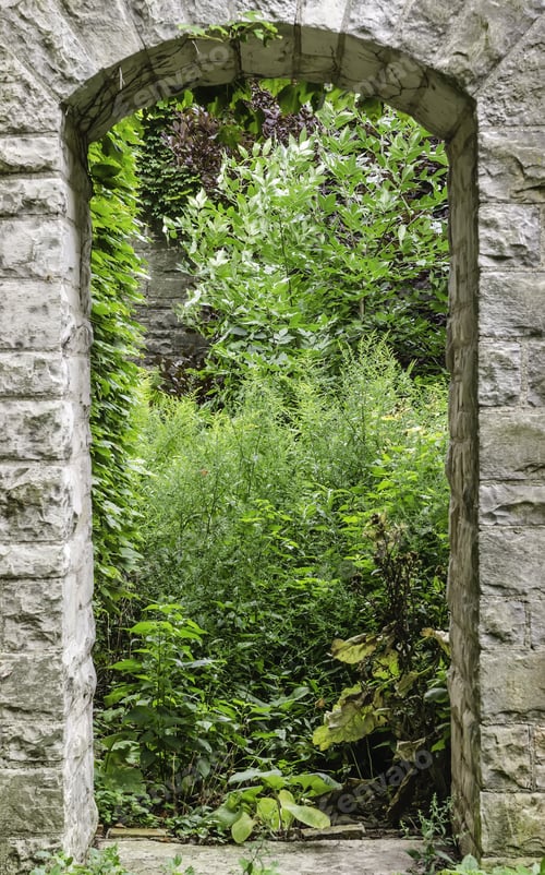 Preview: Arched Stone Entranceway To Green Garden Nook On College Campus In Summer, For Themes Of Tradition