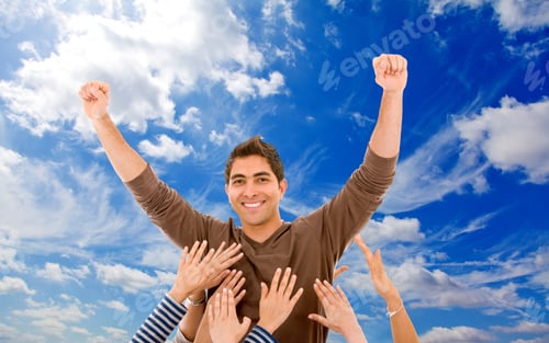 Preview: Successful Casual Man With Hands Over Him Outdoors