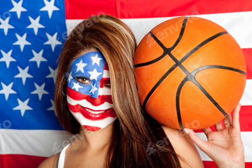 Preview: Female American Basketball Fan With The Usa Flag Painted On Her Face