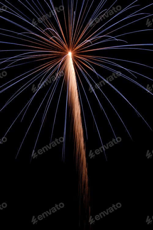 Preview: Burst Of Fireworks With Red And Blue Streaks, Hot Spot, And Feathery Rocket Trail