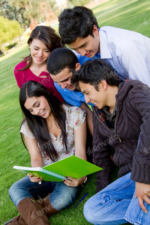 Preview: Group Of Students With Notebooks Studying Outdoors