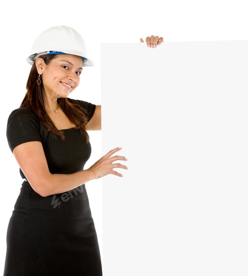 Preview: Female Engineer With A Banner Isolated Over A White Background