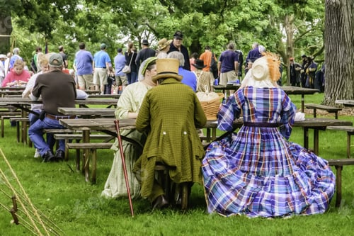 Preview: Wauconda, Illinois/Usa - July 12, 2014: Actors In Period Dress Eat Lunch And Listen To Discussion