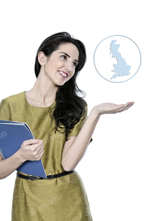 Preview: Professional Business Woman Pointing To A Concept Map Of The Uk