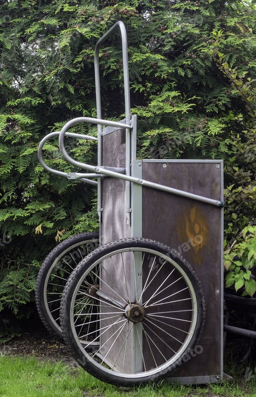 Preview: Garden Cart With Two Spoked Wheels And Plywood-Paneled Bed Standing On End
