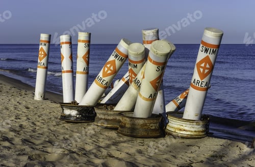 Preview: Tall Buoys For Marking Boundaries Of Safe Swimming Areas Off Beach Along Lake Michigan In Spring