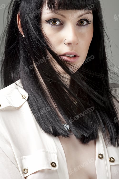 Preview: Young Woman With Long Black Hair And White Shirt