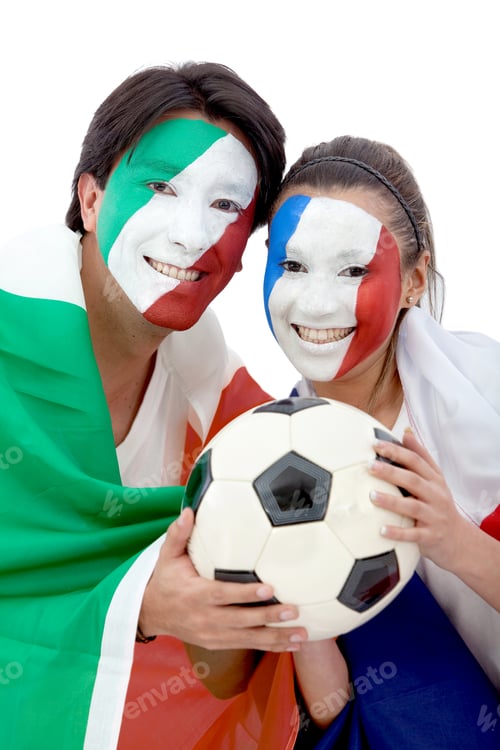 Preview: Italian And French Football Fans With A Ball - Isolated Over A White Background
