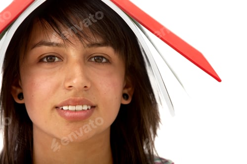 Preview: Woman With A Book Over Her Head Isolated On White
