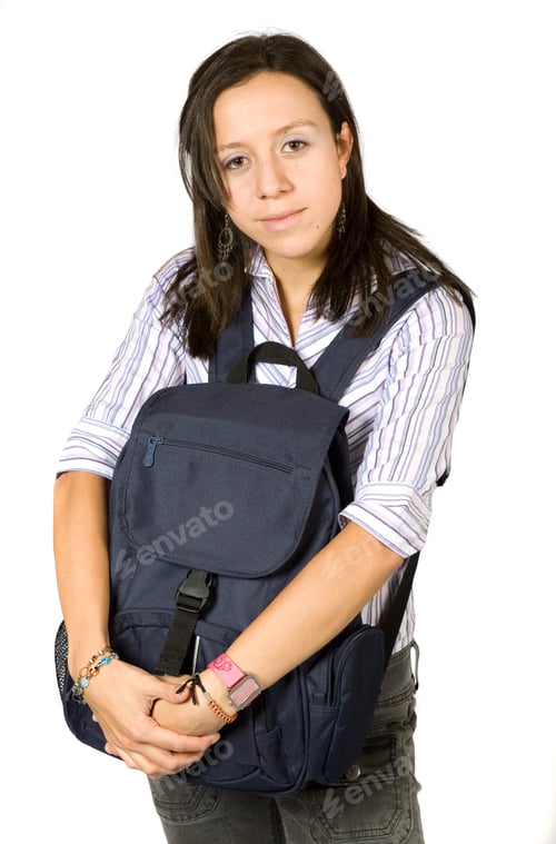Preview: Beautiful Student With A Down Face Hugging A Bag Over White Background