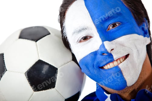Preview: Football Fan With A Blue And White Flag Painted On His Face