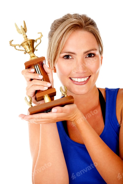Preview: Sportive Woman Winning A Trophy - Isolated Over White