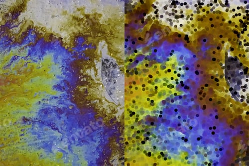 Preview: Two Versions Of The Same Motor Oil Spill On Asphalt Parking Lot: Photograph (Left) And Illustration
