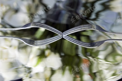 Preview: Two Dinner Forks Touching Tines And Their Reflections