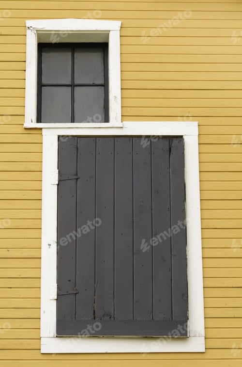 Preview: Detail Of Vintage Barn On Public Farm In Northern Illinois: Hinged Wooden Door Below Smaller Window