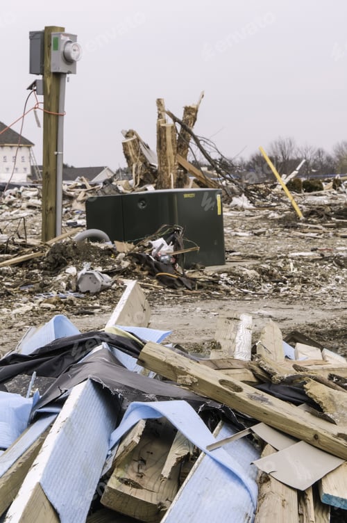 Preview: Washington, Illinois, Usa - March 21, 2014: Debris From Demolished Houses Lies Around Electrical