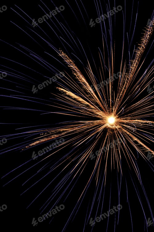 Preview: Burst Of Fireworks With White-Hot Core, Reddish-Yellow Inner Streaks, And Blue Outer Streaks
