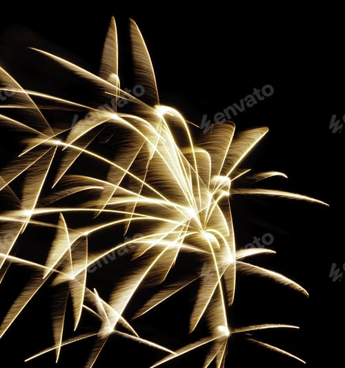Preview: Multiple Bursts Of Yellow-White Fireworks With Feathery Motion Blur