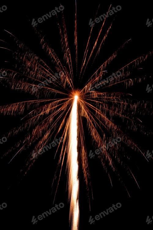 Preview: White-Hot Rocket Trail And Core Of Fireworks Burst With Delicate Orangeish Streamers