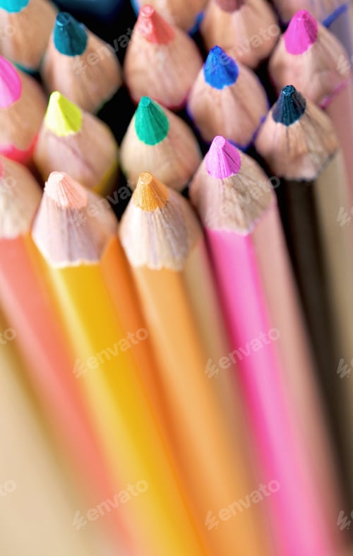 Preview: Assorted Colour Pencils Close Up In Perspective With Focus On The Tips Using A Shallow Depth Of