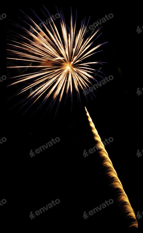 Preview: Feathery Orange Rocket Trail And Burst Of Fireworks With Blue-Tipped White Streaks