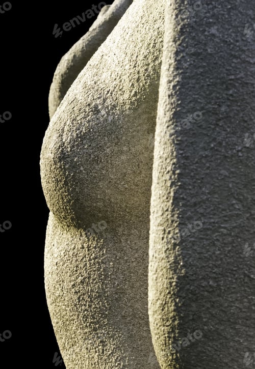Preview: Profile Of Garden Statue, With Focus On Breast, In Morning Sunlight (Black Background)
