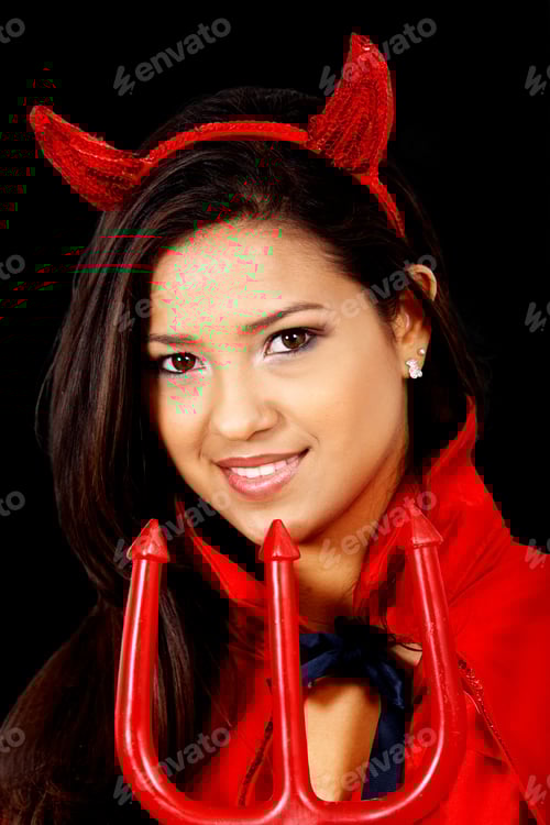 Preview: Female Red Devil Girl Standing Isolated Over A Black Background