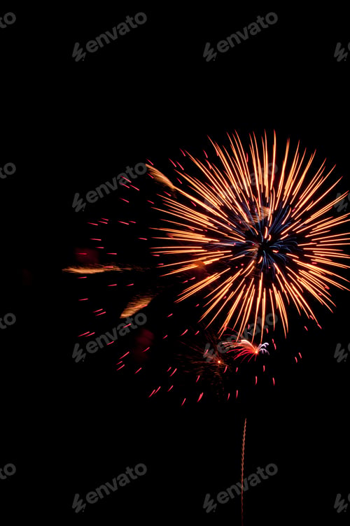 Preview: Burst Of Fireworks With Thin Rocket Trail And Red "Embers"