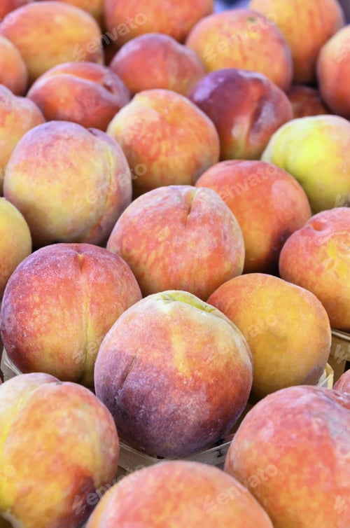 Preview: Peaches (Binomial Name: Prunus Persica) In Small Baskets At A Farmer'S Market (Shallow Depth Of