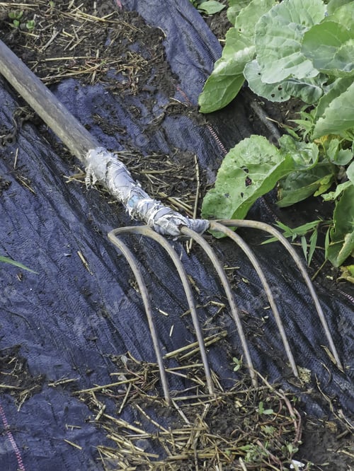 Preview: Symbol Of Manual Labor: Garden Pitchfork, Repaired Or Reinforced With Tape, On Tarpaulin With Dirt