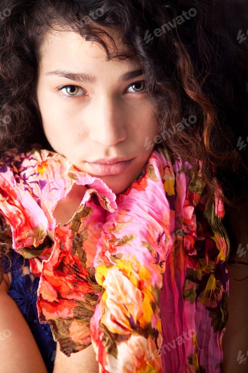 Preview: Portrait Of A Beautiful Woman With A Colorful Scarf
