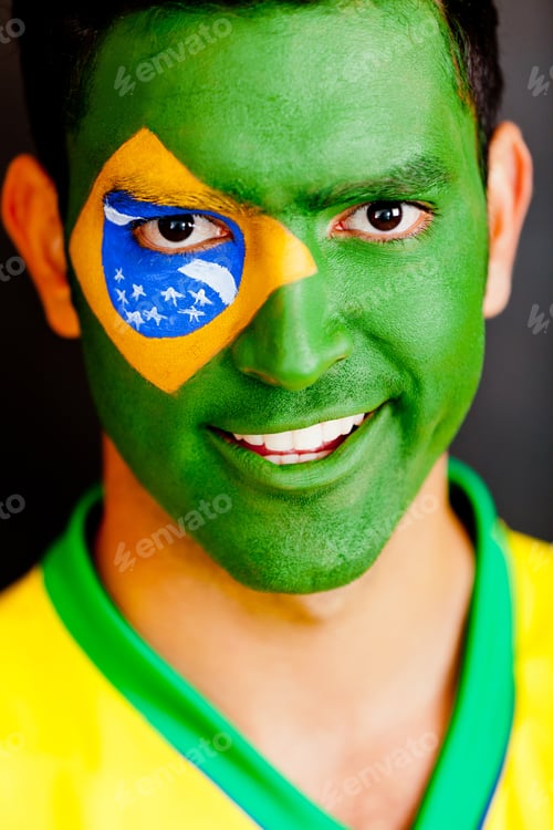 Preview: Patriotic Brazilian Man With Flag Painted On His Face