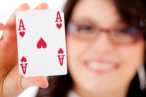 Preview: Business Woman Displaying An Ace - Isolated Over White