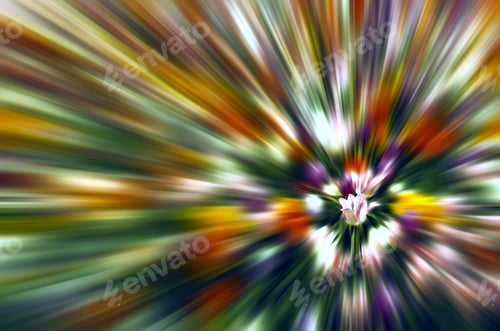 Preview: Multicolored Radiance In Spring: Radial Blur Of Re-Colored Flower Bed With Focus On One Tulip, For