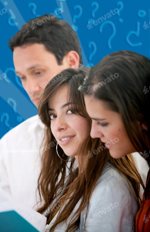 Preview: Group Of Young People With A Notebook Over A Blue Background