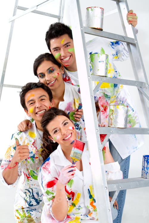 Preview: Group Of Painters Holding Their Brushes And Smiling On A Ladder