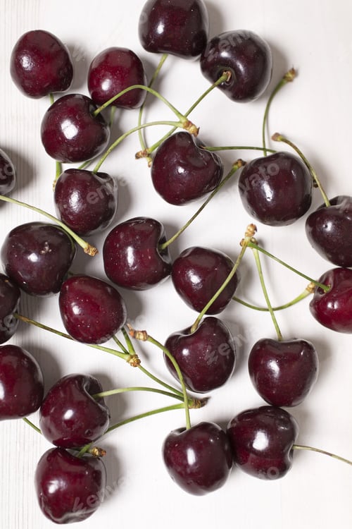 Preview: Fresh Red Cherries On A Light Wooden Kitchen Work Surface