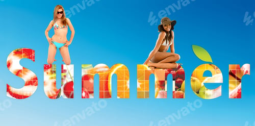 Preview: Girls With Word "Summer" Written With A Fruity Background Isolated